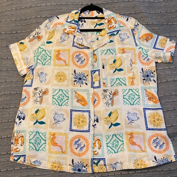 Seafolly Short-Sleeve Wish You Were Here Cover-Up Shirt in Atoll Blue Medium - Picture 10 of 11